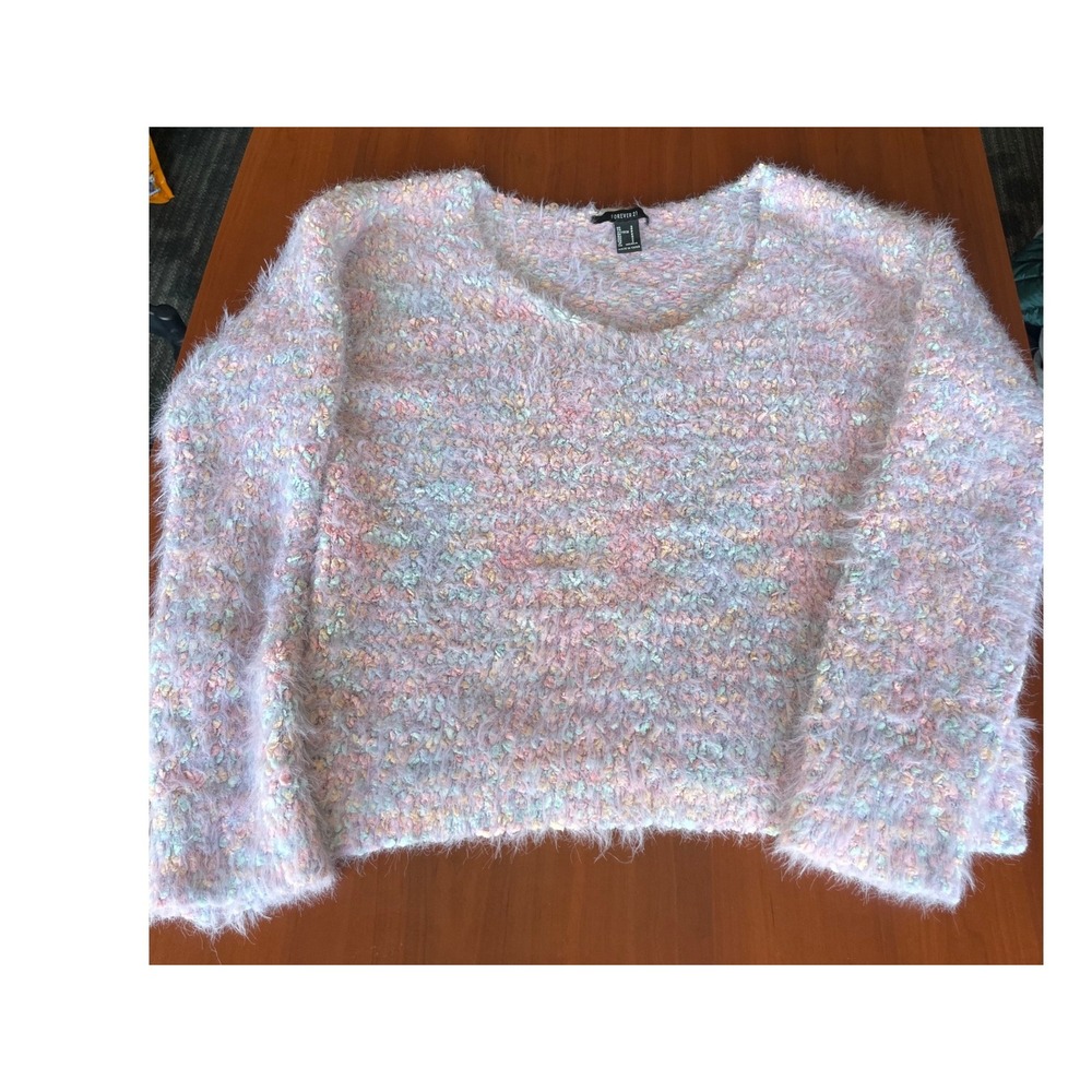 Forever 21 Pastel Fuzzy Eyelash Knit Sweater Multicolor Pink Blue Small